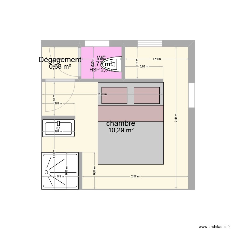 sdb segi. Plan de 3 pièces et 12 m2