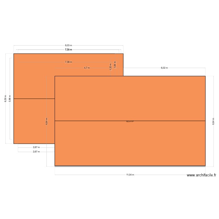 3D existant. Plan de 1 pièce et 62 m2