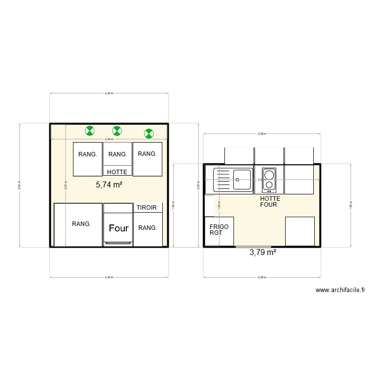 CUISINE CAIRE STUDIO. Plan de 2 pièces et 10 m2