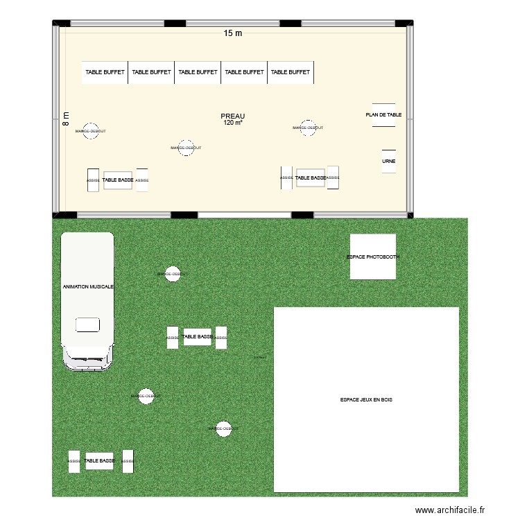 Vin d'honneur. Plan de 1 pièce et 120 m2
