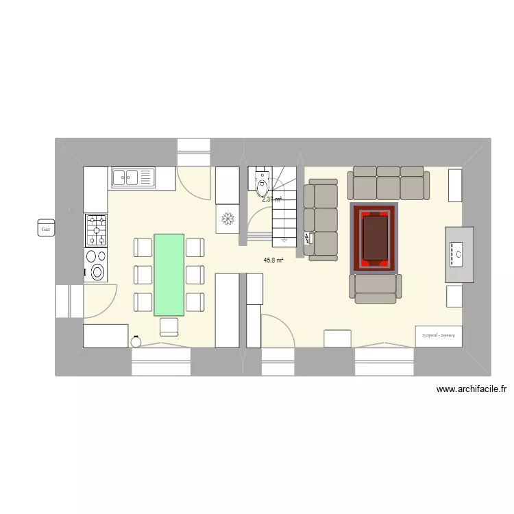 RDC. Plan de 2 Pièces et 48 m²
