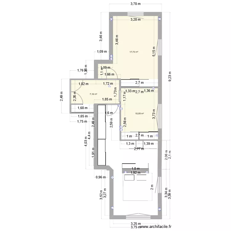 chambre bis. Plan de 3  et 35 m²