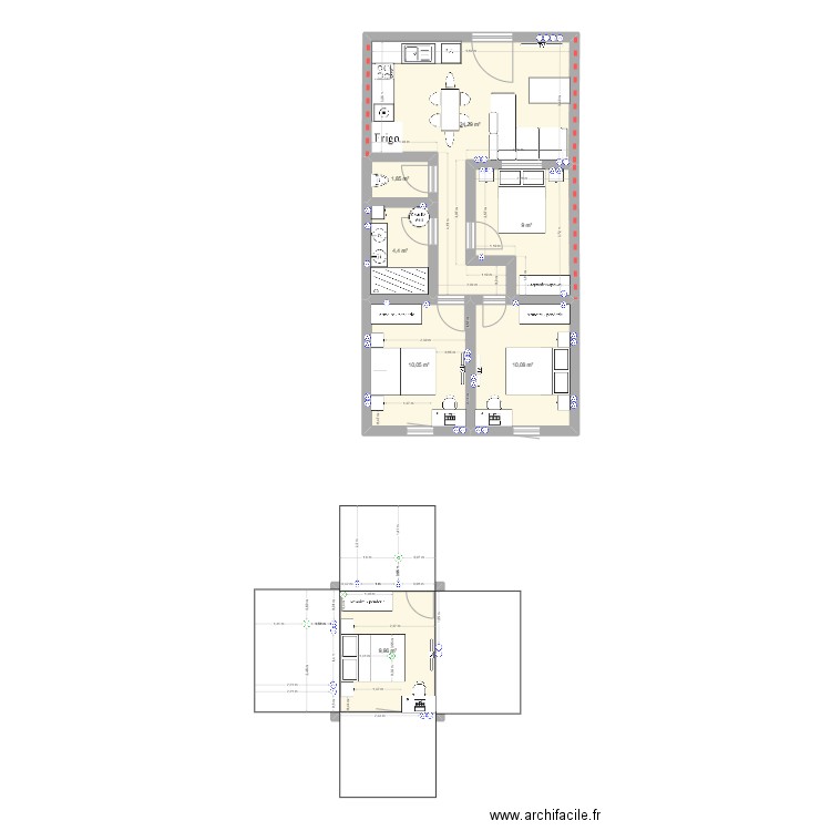 102 + Elec + câble. Plan de 7 pièces et 70 m2