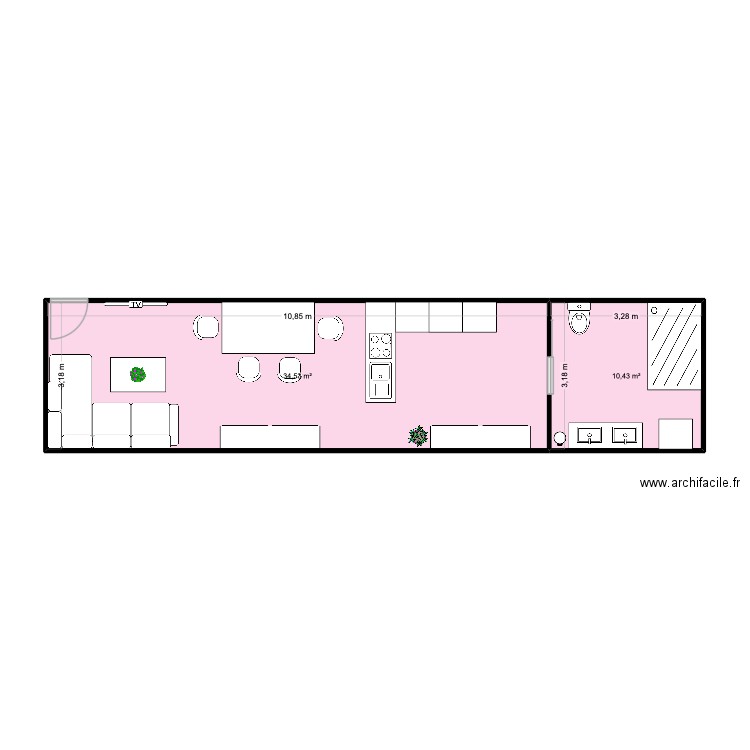 Boat. Plan de 2 pièces et 45 m2