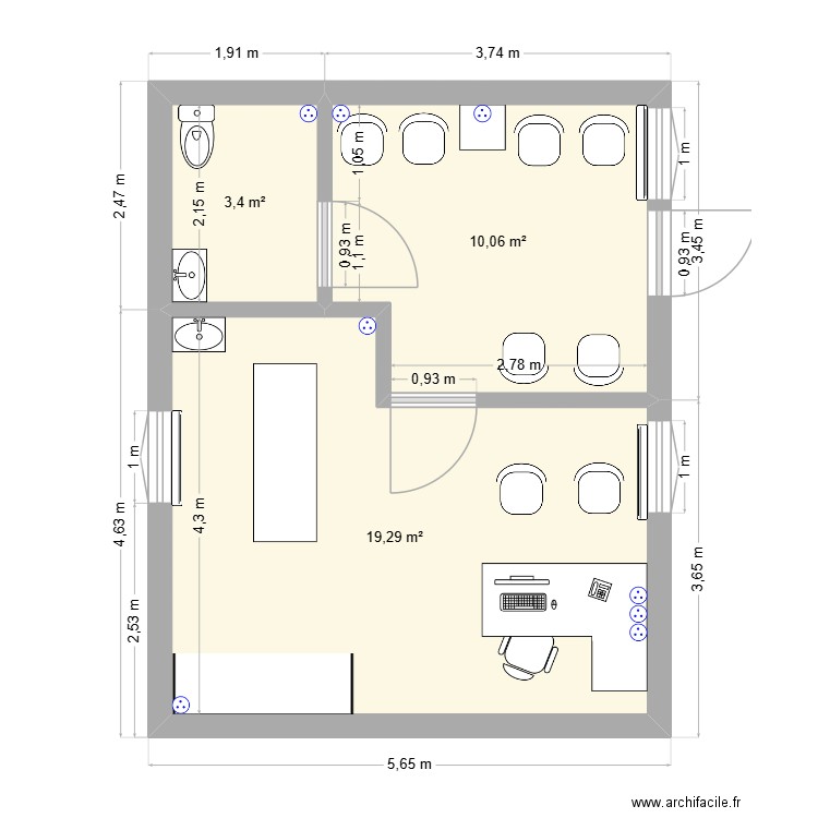 cabinet 3. Plan de 3 pièces et 33 m2