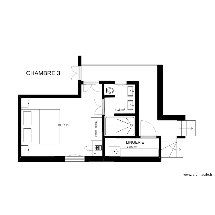 Chambre étage. Plan de 3 pièces et 20 m2