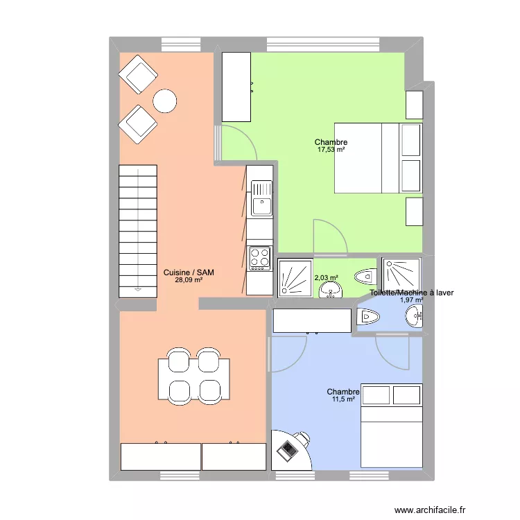 Etage 1 Plan coloc 3 en haut et studios en bas. Plan de 5  et 61 m²