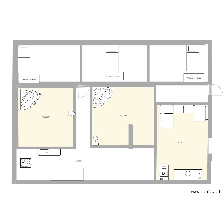 LULULU. Plan de 3 pièces et 58 m2