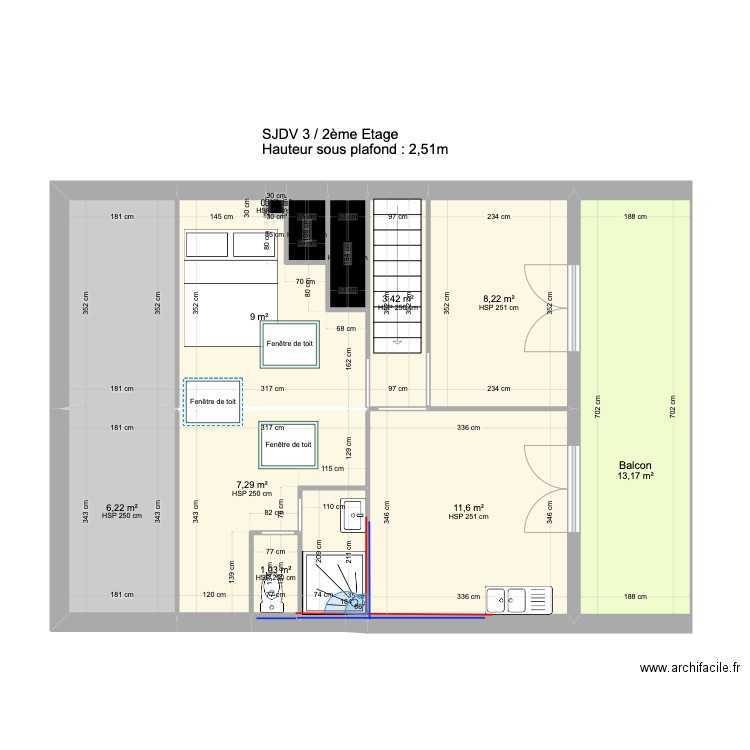 SJDV3 2etage V2 Plomb. Plan de 13 pièces et 71 m2