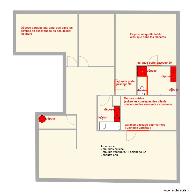 Montaigne - plan demolition. Plan de 6 pièces et 142 m2