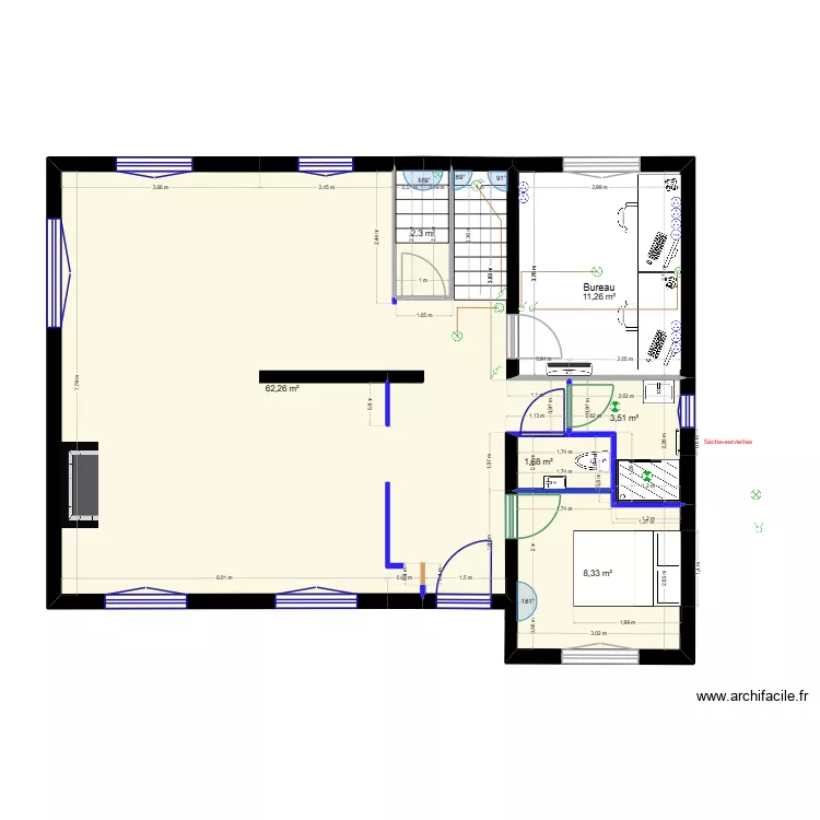 RDC - Plans des cloisons. Plan de 6  et 89 m²