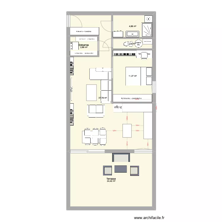 Appart en p&eacute;tant un seul mur test. Plan de 