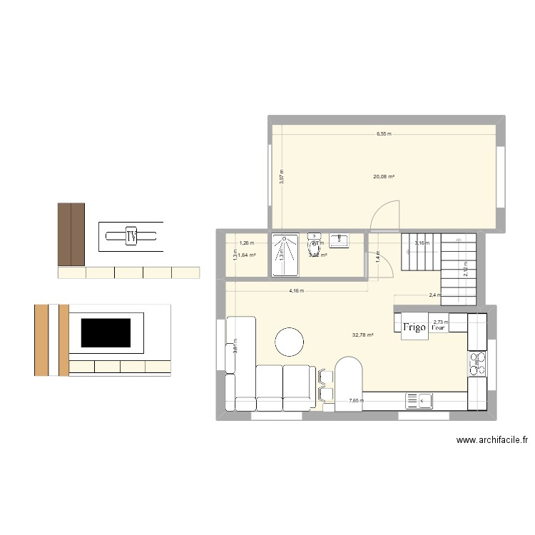 Cave Marjane. Plan de 4 pièces et 58 m2