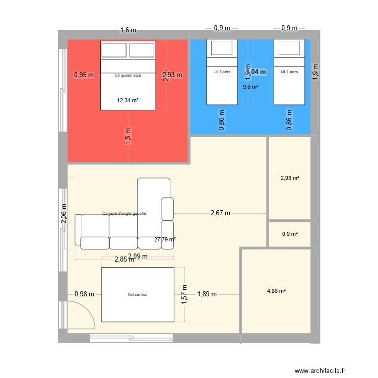 MLD. Plan de 6 pièces et 58 m2