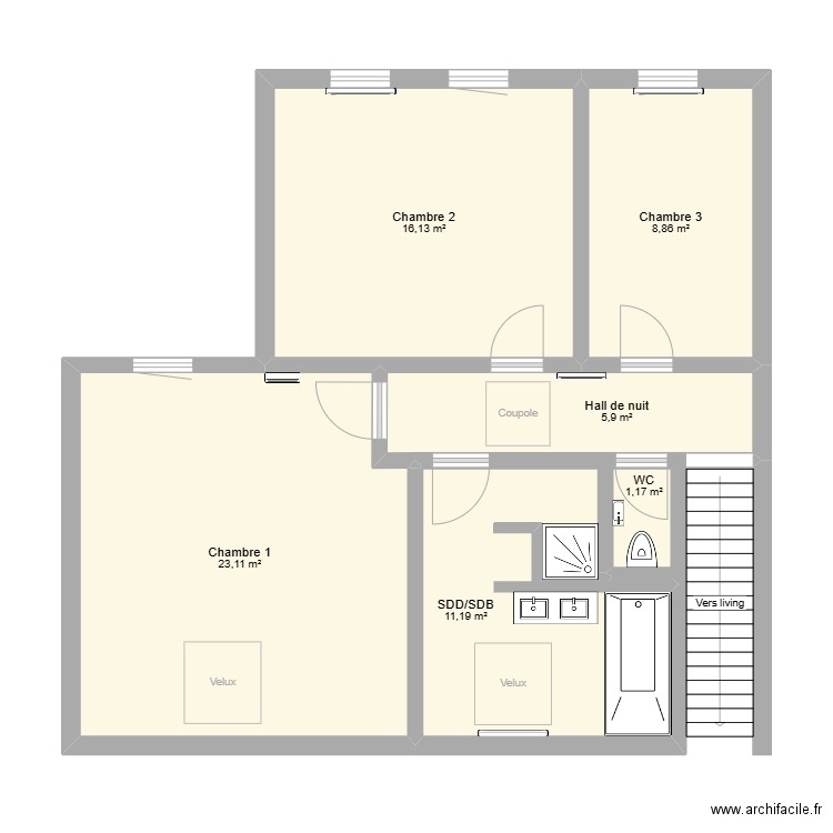 Etage Frameries. Plan de 6 pièces et 66 m2