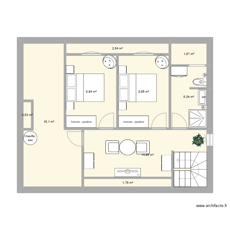 Ploug étage 1. Plan de 9 pièces et 61 m2