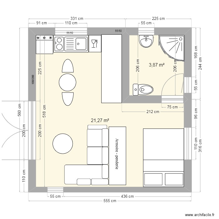MODULE 25m2 cotes version porte 200. Plan de 2 pièces et 25 m2
