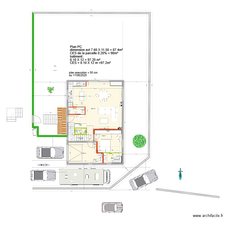 13.2  modif juin cuisine est +50cm large et long modif chambre parentale. Plan de 15 pièces et 175 m2