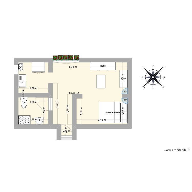 1er étage v1. Plan de 1 pièce et 25 m2