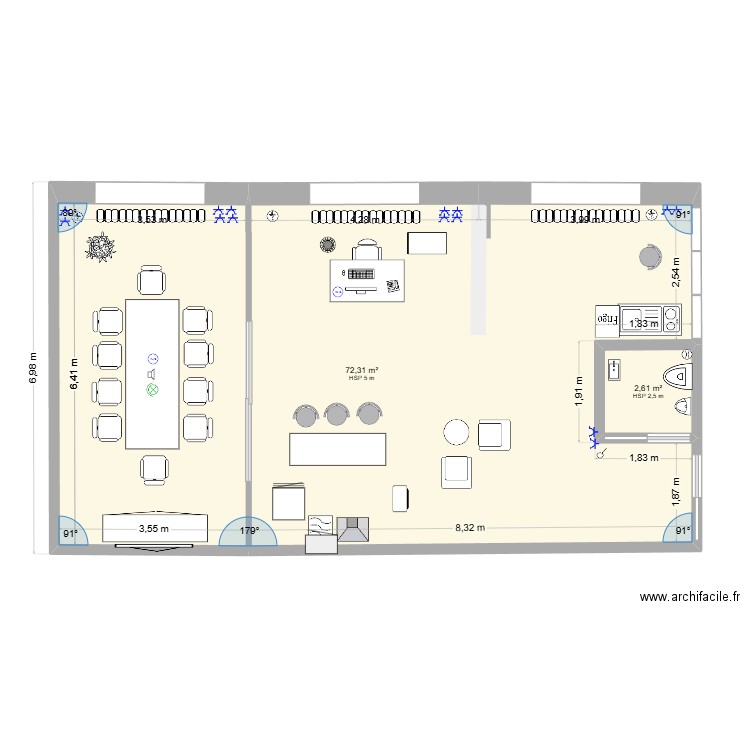 2025.03 - SdC (bureau Mabager-kitchenette-SdR-accueil). Plan de 2 pièces et 75 m2