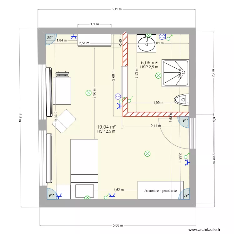 chambre Vestiaire RDC v1. Plan de 2  et 24 m²