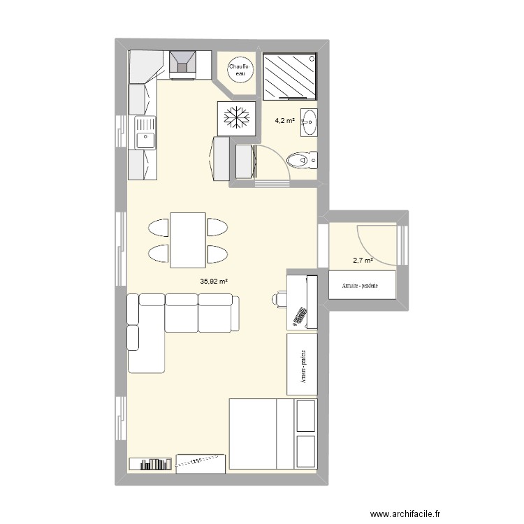 Studio 3. Plan de 3 pièces et 43 m2