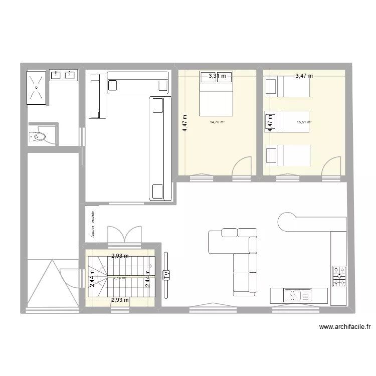 rdc a l echelle. Plan de 3  et 37 m²