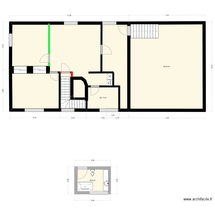 Bas. Plan de 3 pièces et 67 m2