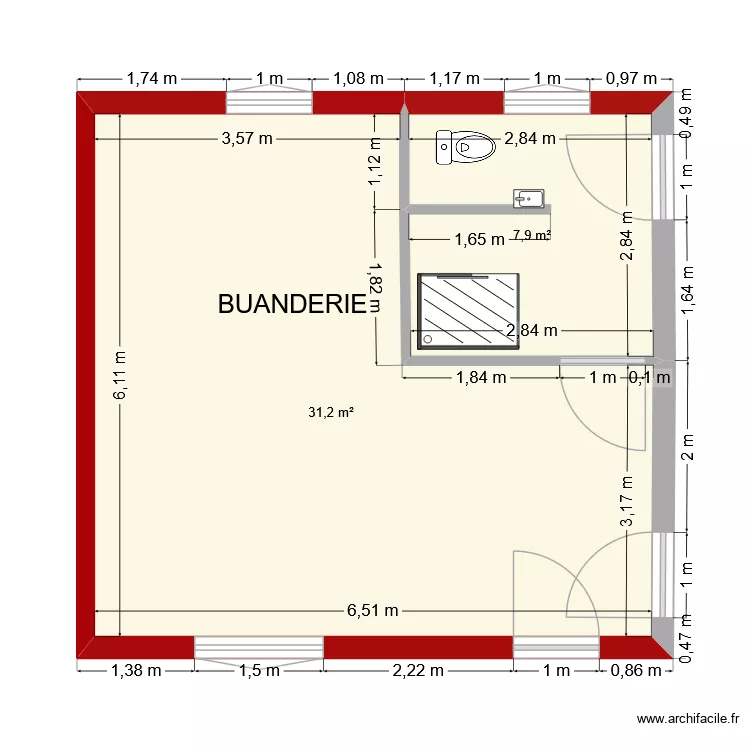 buanderie 2. Plan de 2 Pièces et 39 m²
