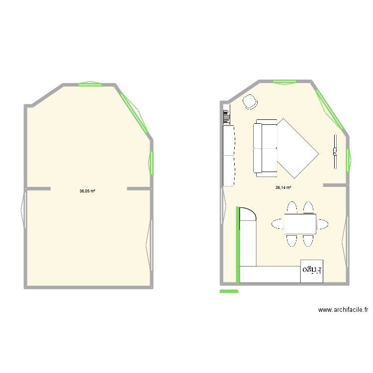 Salon. Plan de 2 pièces et 72 m2