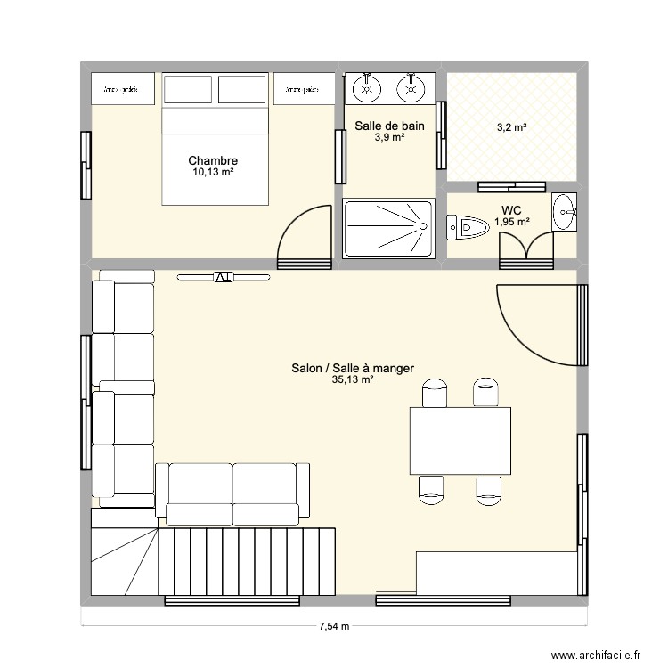 borg. Plan de 5 pièces et 54 m2
