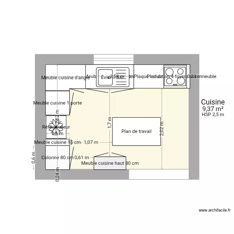 Cuisine. Plan de 1  et 9 m²