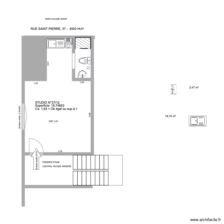 st pierre 37/12. Plan de 3  et 23 m²