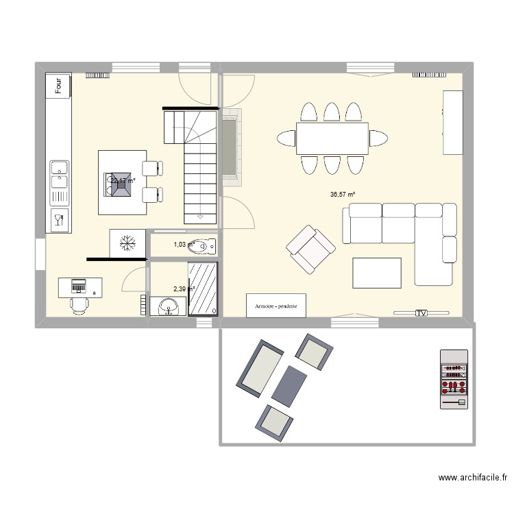 rezdechaussée. Plan de 4 pièces et 62 m2