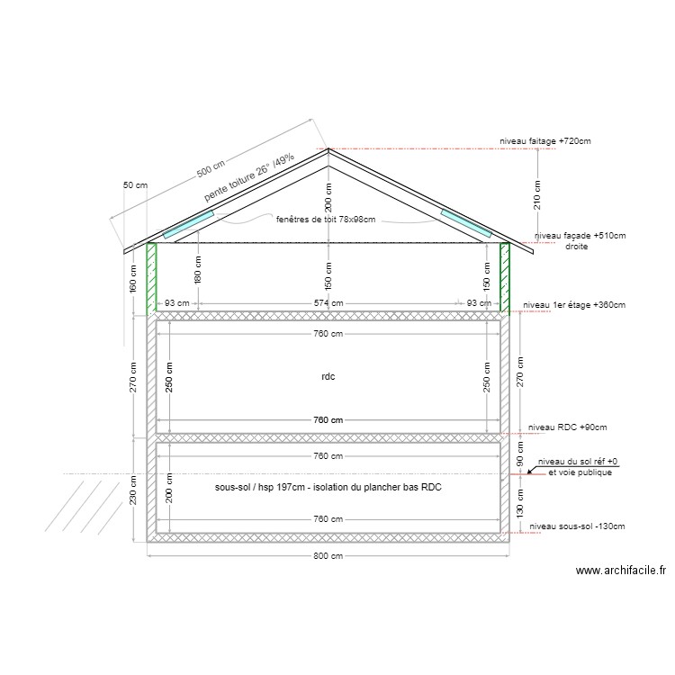 maison Douvres 73m² / plan coupe 1 réhausse . Plan de 0 pièce et 0 m2