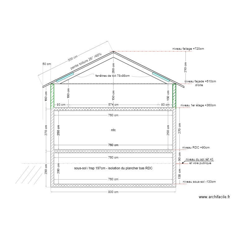 maison Douvres 73m² / plan coupe 1 réhausse . Plan de 2 pièces et 34 m2