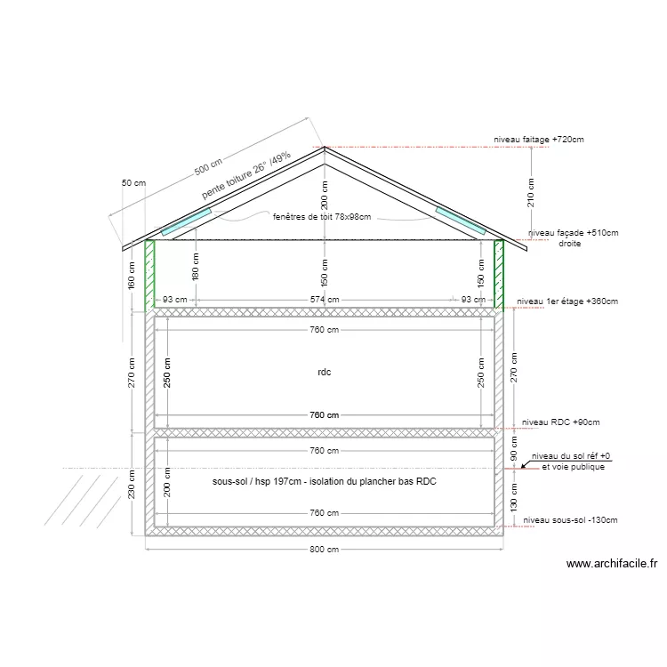 maison Douvres 73m&sup2; / plan coupe 1 r&eacute;hausse . Plan de 