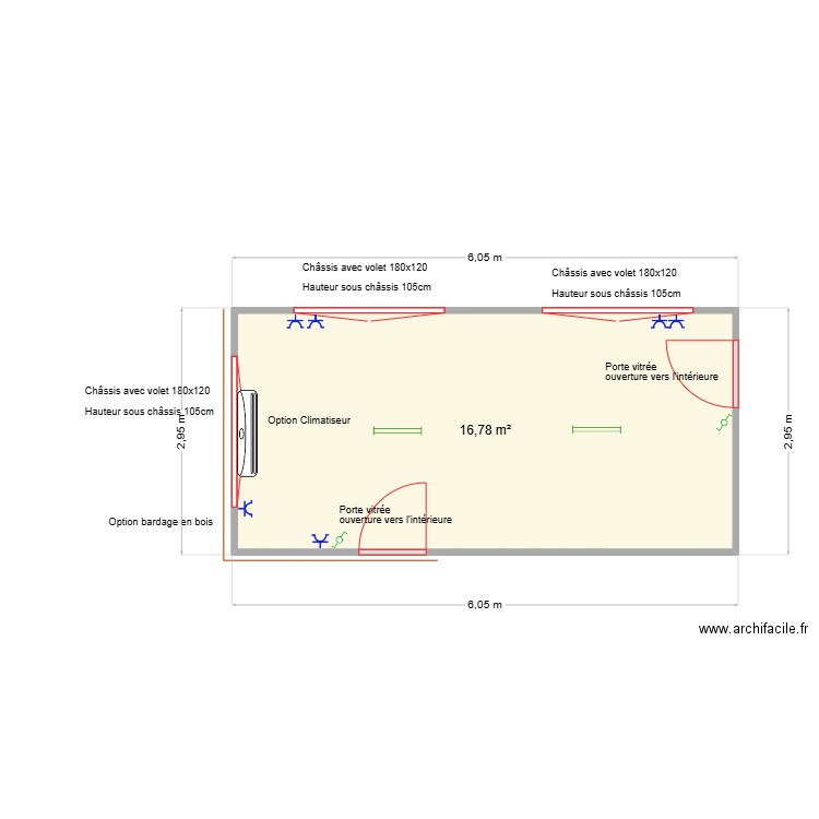 Glace longschamps. Plan de 1 pièce et 17 m2