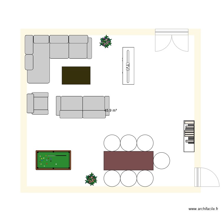 feng shui. Plan de 1 pièce et 46 m2