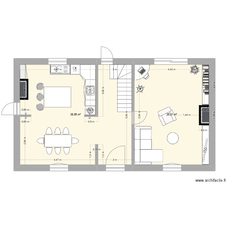 louis existant. Plan de 2 pièces et 65 m2
