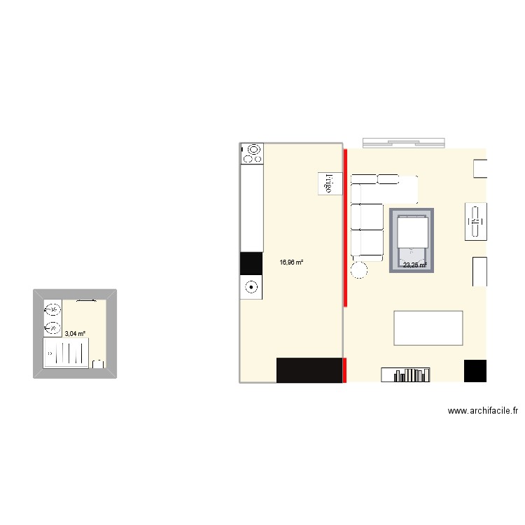 Salon. Plan de 3 pièces et 43 m2