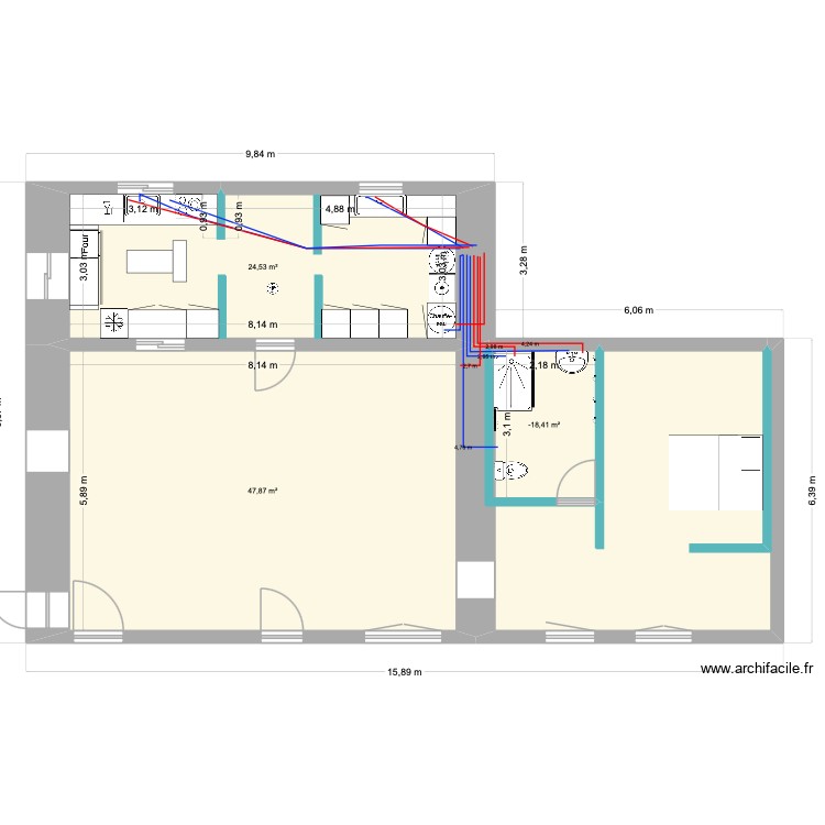Cuisine. Plan de 3 pièces et 79 m2