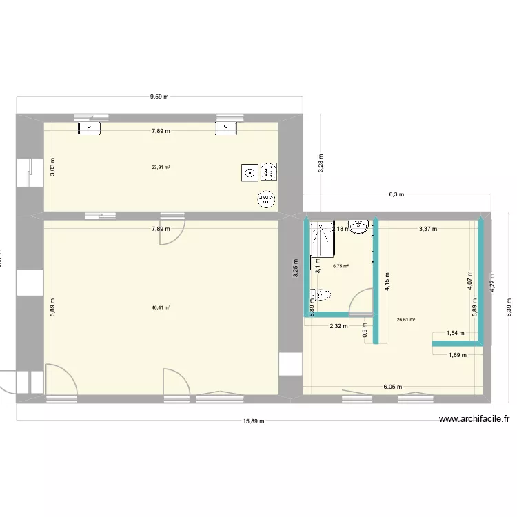 Cuisine. Plan de 4 pièces et 104 m²