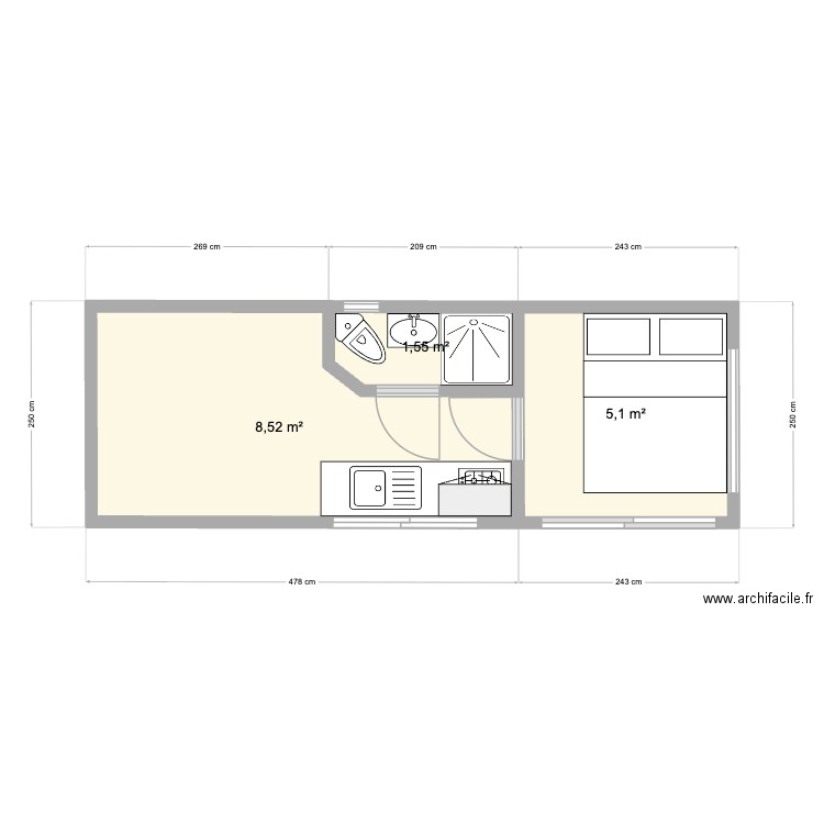 tiny house 02. Plan de 3 pièces et 15 m2