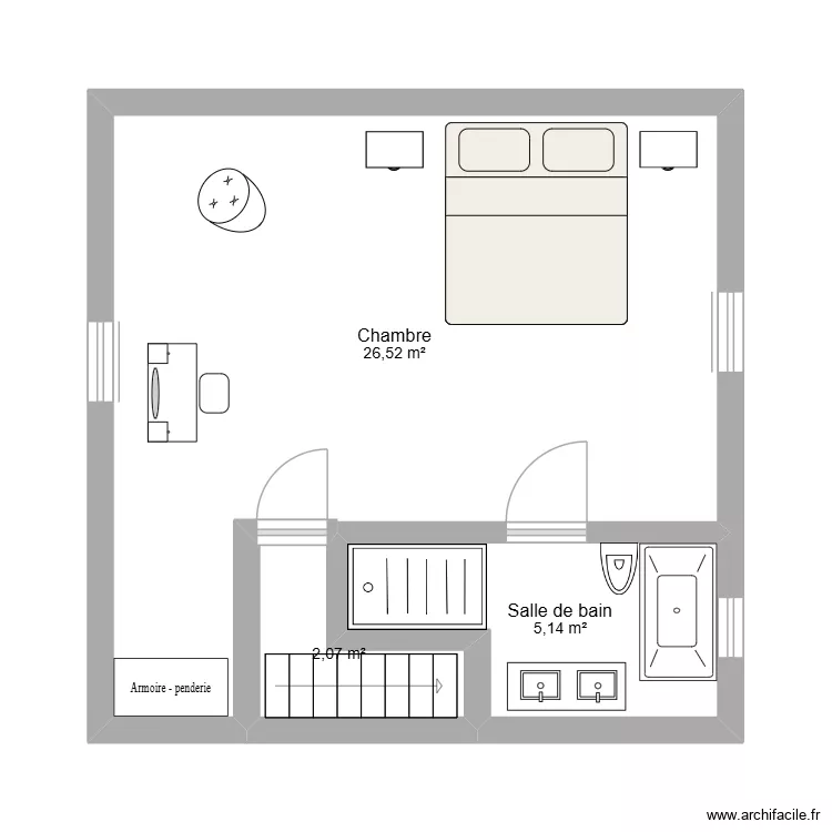 SUITE PARENTALE AVEC SDB + SDD. Plan de 3 Pièces et 34 m²