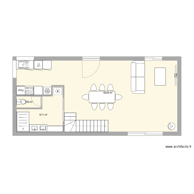 rez de chaussée. Plan de 2 pièces et 53 m2