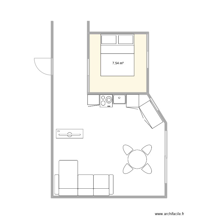 salon cuisine V2. Plan de 1 pièce et 8 m2