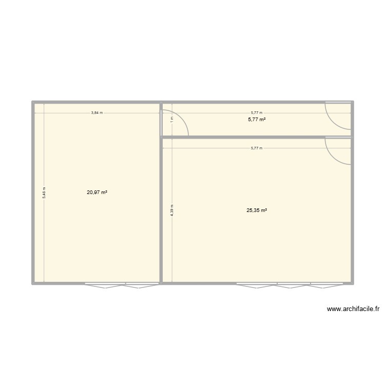 Plan avec dimensions et surfaces des deux espaces + couloir. Plan de 0 pièce et 0 m2