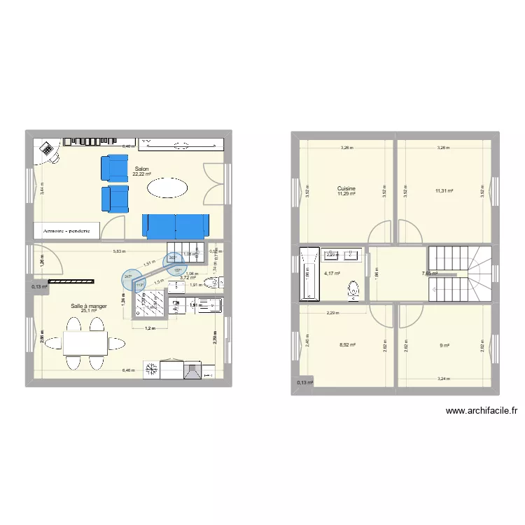 Emile Combes r&eacute;nov&eacute; + meubles. Plan de 11  et 104 m²