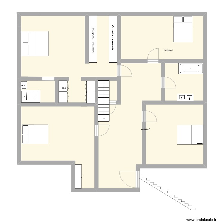 etage. Plan de 3 pièces et 134 m2